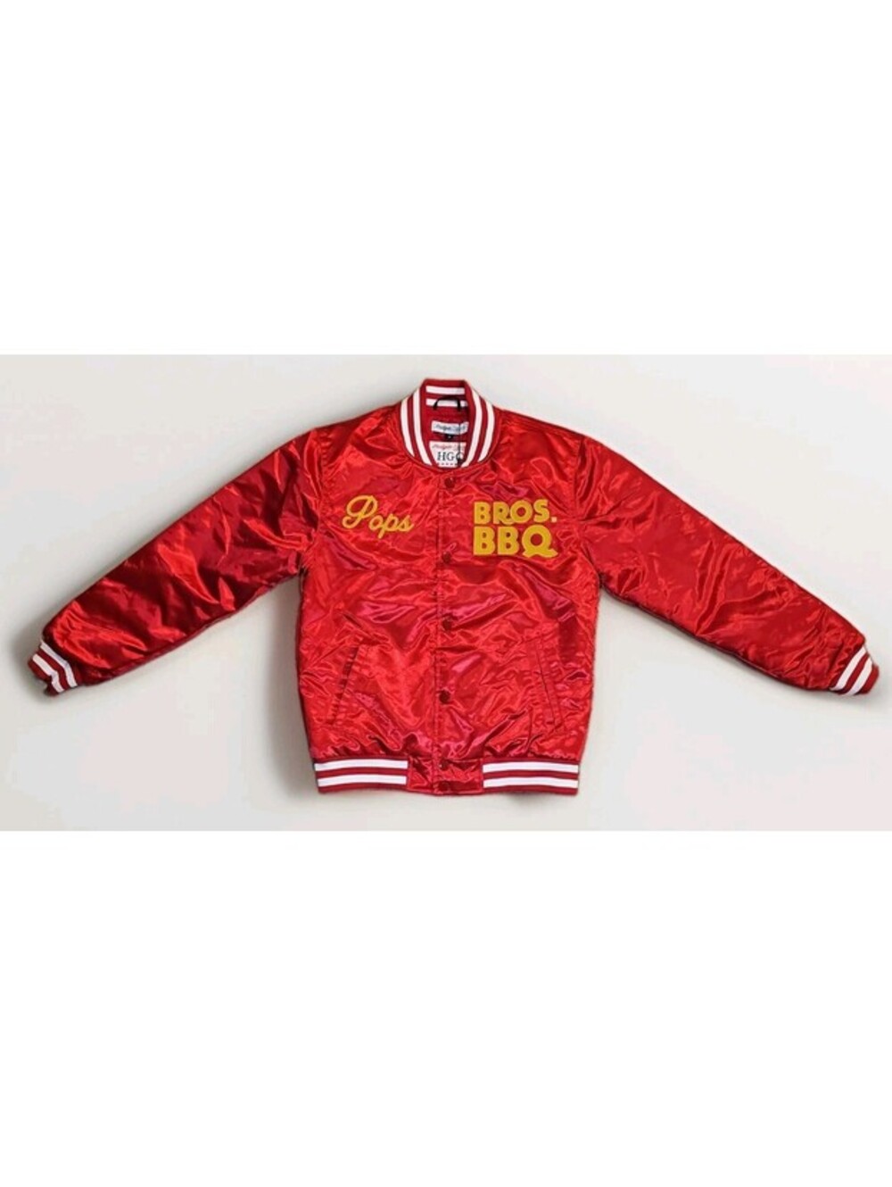 Headgear Classics Unisex Kids Red Satin Bomber Jacket M Lined Snap "Bros BBQ"